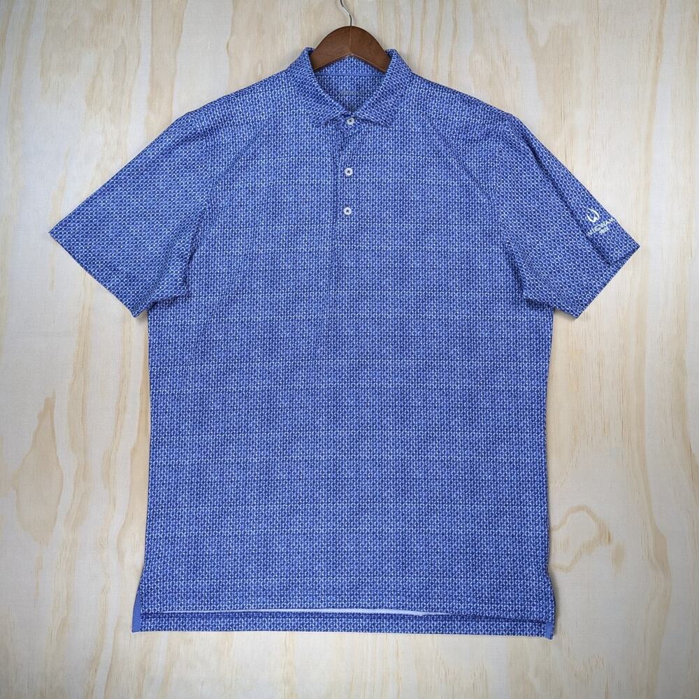 Johnnie-O Men's Large Golf Polo Shirt Blue Geometric Print Wigwam Stretch